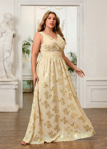 Кремовое вечернее платье с пышной юбкой SHEIN с цветочным принтом