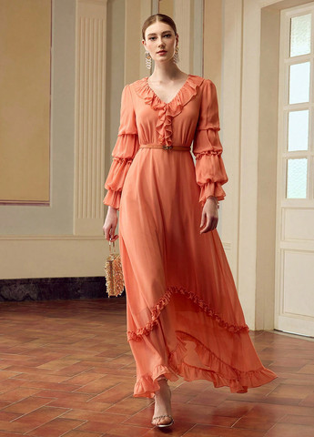 Оранжевое кэжуал платье а-силуэт SHEIN однотонное