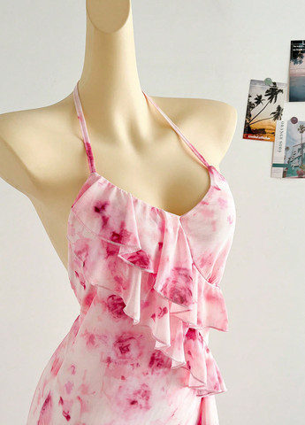 Розовое кэжуал платье с открытой спиной SHEIN розы