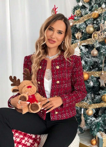 Бордовый женский жакет SHEIN в клеточку - демисезонный