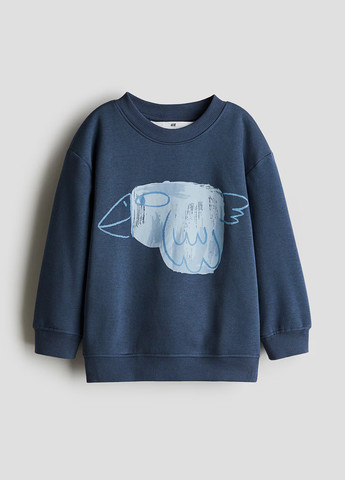 H&M свитшот рисунок темно-синий кэжуал хлопок, трикотаж с начесом