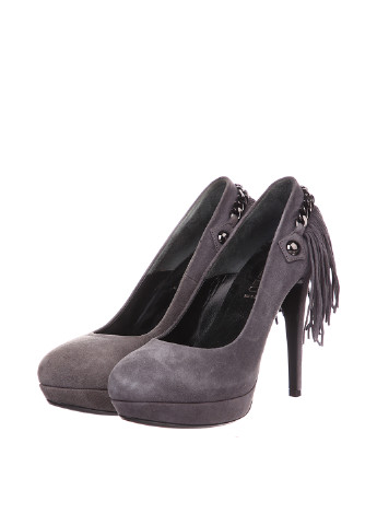 Темно-серые женские кэжуал туфли с бахромой на высоком каблуке итальянские - фото