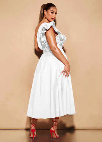 Білий коктейльна, кежуал сукня кльош, на одне плече SHEIN однотонна