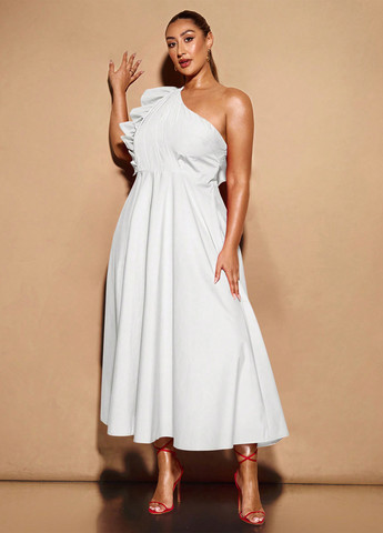 Білий коктейльна, кежуал сукня кльош, на одне плече SHEIN однотонна