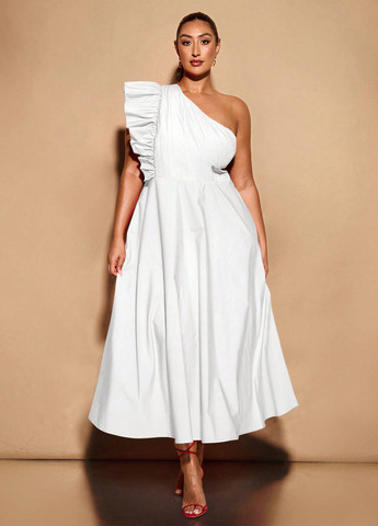 Білий коктейльна, кежуал сукня кльош, на одне плече SHEIN однотонна