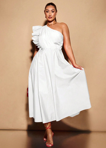 Білий коктейльна, кежуал сукня кльош, на одне плече SHEIN однотонна