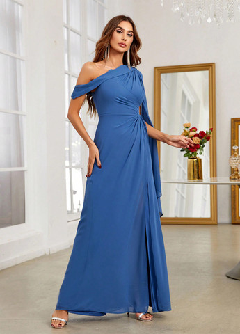 Синее вечернее, праздничный платье на одно плечо SHEIN однотонное