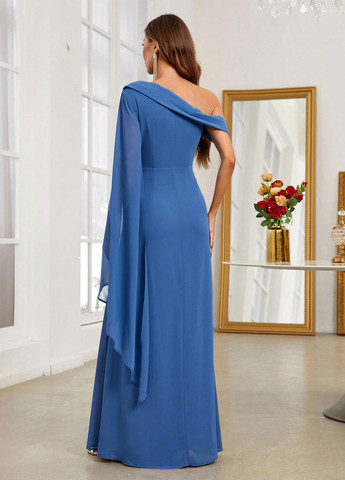 Синее вечернее, праздничный платье на одно плечо SHEIN однотонное