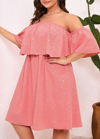 Коралова коктейльна сукня кльош, а-силует, з відкритими плечима SHEIN з візерунком "перець з сіллю"