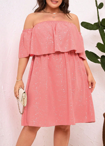 Коралова коктейльна сукня кльош, а-силует, з відкритими плечима SHEIN з візерунком "перець з сіллю"