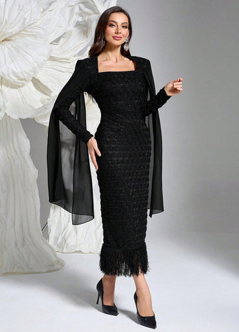 Черное вечернее платье силуэтная, платье-кейп SHEIN однотонное