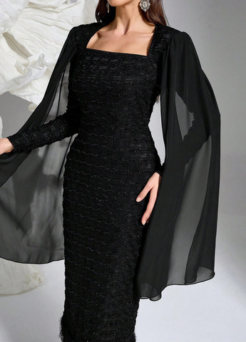 Черное вечернее платье силуэтная, платье-кейп SHEIN однотонное