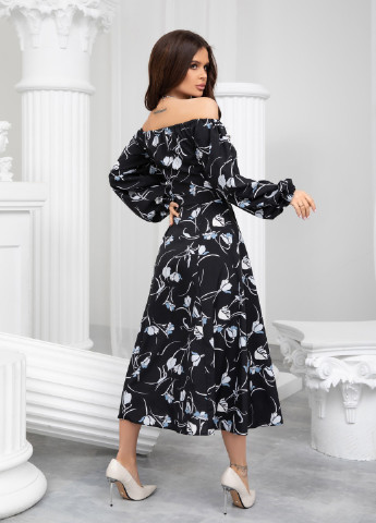 Чорна повсякденний сукня з відкритими плечима ISSA PLUS з квітковим принтом