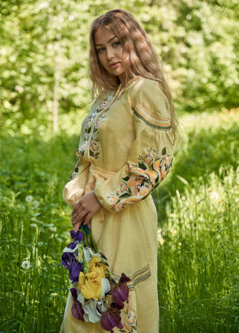 Плаття Vyshyvanka українська символік світло-жовта кежуал льон