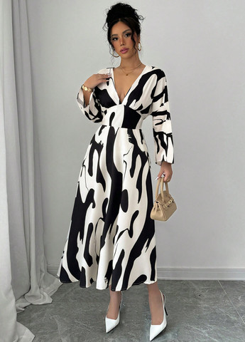 Чорно-білий кежуал сукня в стилі армпір, кльош SHEIN зебра