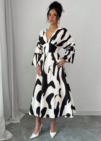 Чорно-білий кежуал сукня в стилі армпір, кльош SHEIN зебра