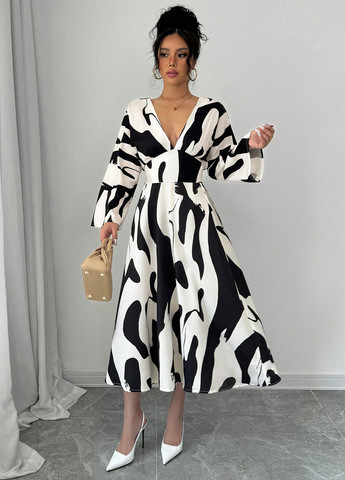 Чорно-білий кежуал сукня в стилі армпір, кльош SHEIN зебра