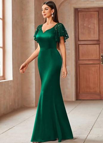 Темно-зелена вечірня сукня годе SHEIN однотонна