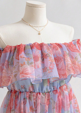 Блакитна кежуал сукня в стилі армпір, з відкритими плечима, з відкритою спиною SHEIN троянди