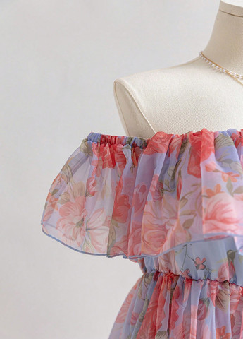 Блакитна кежуал сукня в стилі армпір, з відкритими плечима, з відкритою спиною SHEIN троянди