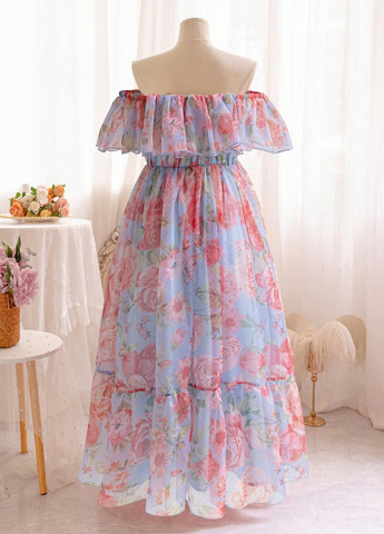 Блакитна кежуал сукня в стилі армпір, з відкритими плечима, з відкритою спиною SHEIN троянди