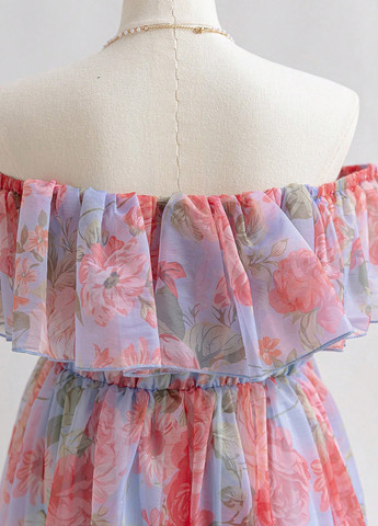 Блакитна кежуал сукня в стилі армпір, з відкритими плечима, з відкритою спиною SHEIN троянди