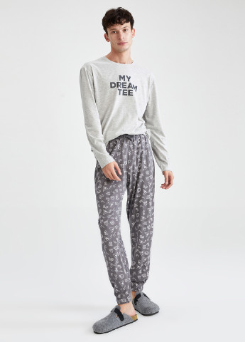 Пижама (лонгслив, брюки) DeFacto лонгслив + брюки рисунок серая домашняя полиэстер, трикотаж, хлопок