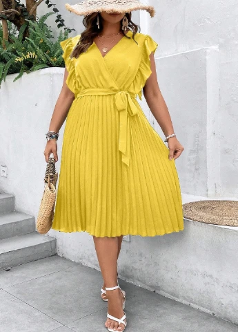 Желтое кэжуал платье в стиле ампир, плиссированное SHEIN однотонное