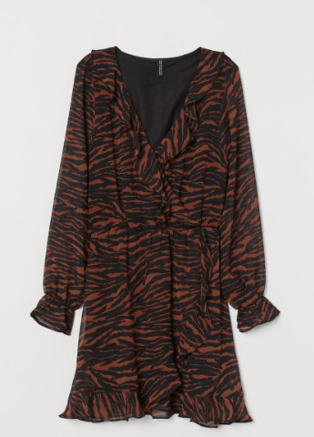 Терракотовое кэжуал платье на запахе с оборками H&M тигровый