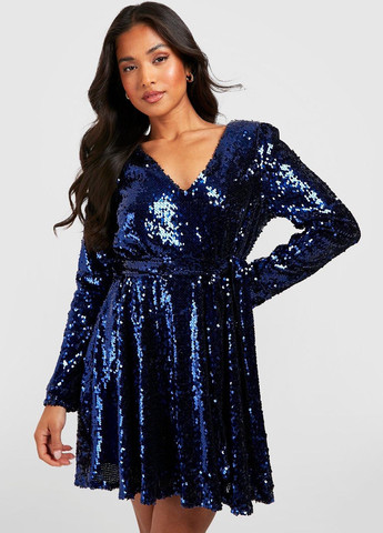 Темно-синя святковий сукня кльош Boohoo однотонна