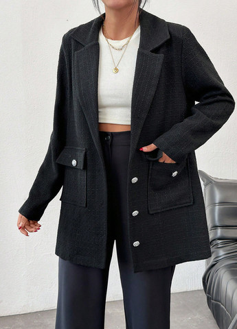 Чорне демісезонне Пальто однобортне SHEIN