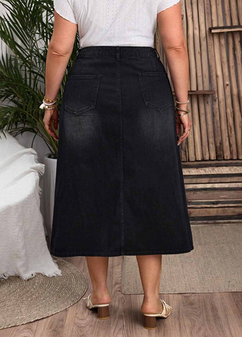 Черная джинсовая, кэжуал однотонная юбка SHEIN а-силуэта (трапеция)