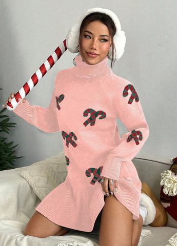 Рожева кежуал сукня сукня светр SHEIN з новорічним принтом