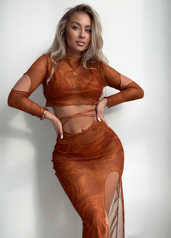 Светло-коричневый летний купальник (лиф, трусики, топ, юбка) раздельный, топ, бикини SHEIN