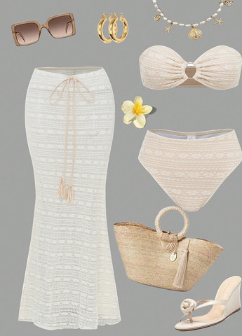 Кремовый летний купальник (лиф, трусики, юбка) раздельный, бандо SHEIN