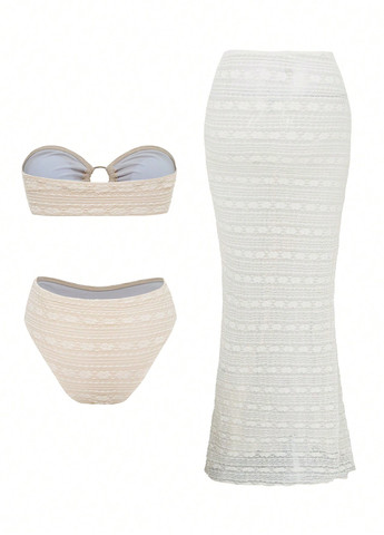 Кремовый летний купальник (лиф, трусики, юбка) раздельный, бандо SHEIN