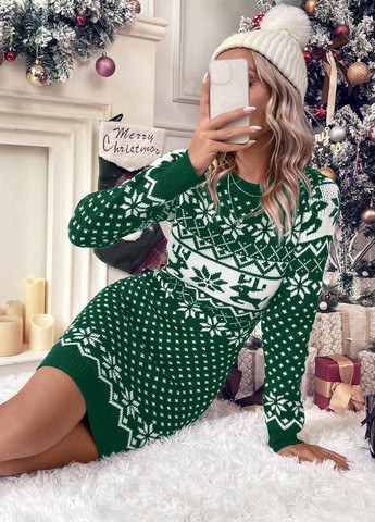 Темно-зелена кежуал сукня сукня светр SHEIN з новорічним принтом
