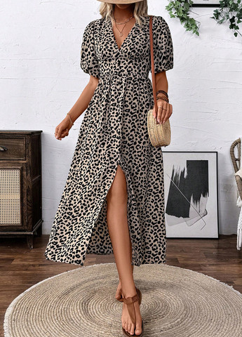 Бежева кежуал сукня з спідницею-сонце, в стилі армпір SHEIN леопардовий