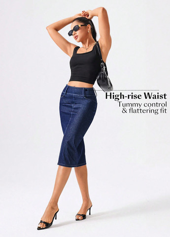 Темно-синяя джинсовая, кэжуал однотонная юбка SHEIN