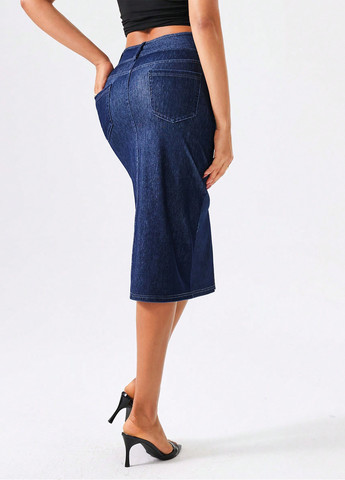 Темно-синяя джинсовая, кэжуал однотонная юбка SHEIN