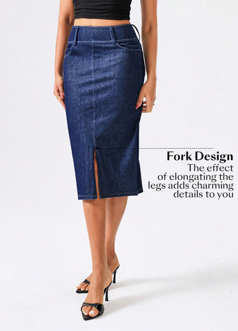 Темно-синяя джинсовая, кэжуал однотонная юбка SHEIN