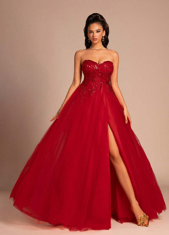 Червона святковий, вечірня сукня з пишною спідницею, з відкритою спиною, з відкритими плечима SHEIN однотонна