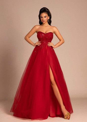 Червона святковий, вечірня сукня з пишною спідницею, з відкритою спиною, з відкритими плечима SHEIN однотонна