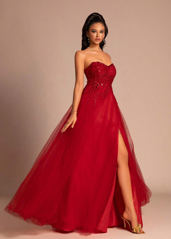 Червона святковий, вечірня сукня з пишною спідницею, з відкритою спиною, з відкритими плечима SHEIN однотонна