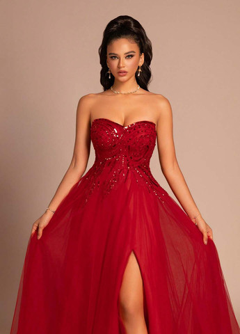 Червона святковий, вечірня сукня з пишною спідницею, з відкритою спиною, з відкритими плечима SHEIN однотонна