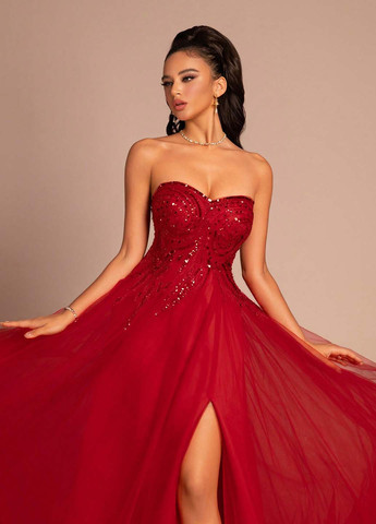 Червона святковий, вечірня сукня з пишною спідницею, з відкритою спиною, з відкритими плечима SHEIN однотонна