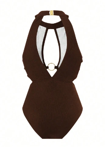 Коричневый летний купальник слитный, халтер SHEIN