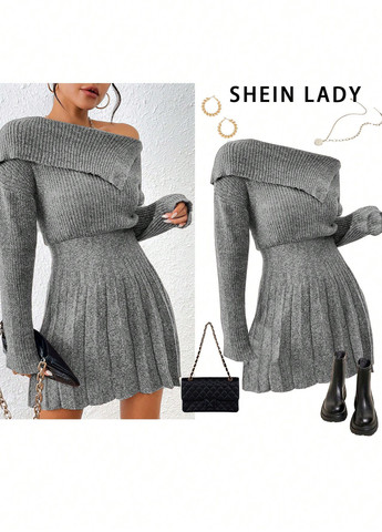 Сіра кежуал сукня сукня светр, плісована SHEIN однотонна