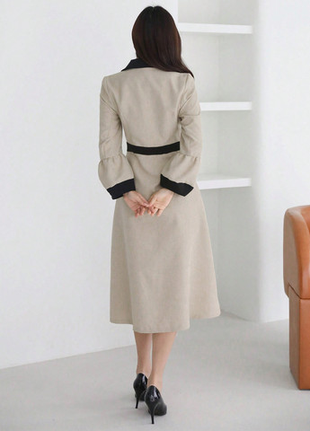 Кремовое кэжуал платье с юбкой-солнце, платье-жакет SHEIN колор блок