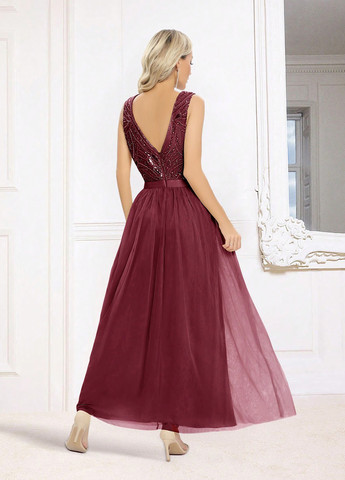 Бордова вечірня сукня кльош, з відкритою спиною SHEIN однотонна